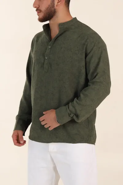 Yeşil Relaxed Fit Yarım Düğmeli Hakim Yaka Uzun Kollu Erkek Gömlek 369362