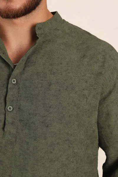 Yeşil Relaxed Fit Yarım Düğmeli Hakim Yaka Uzun Kollu Erkek Gömlek 369362