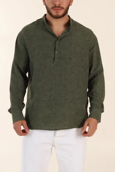 Yeşil Relaxed Fit Yarım Düğmeli Hakim Yaka Uzun Kollu Erkek Gömlek 369362