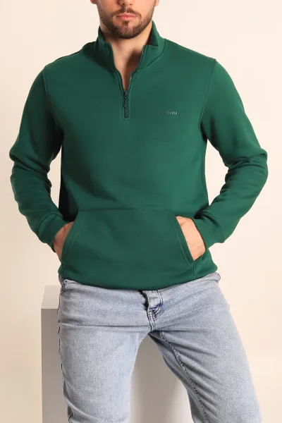 Yeşil Relaxed Fit Yarım Fermuar Erkek Sweatshirt 227873