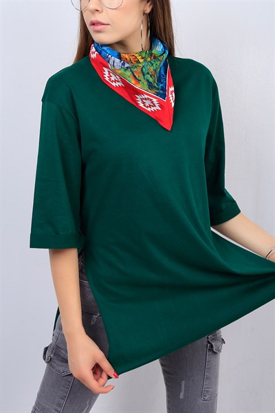 Yeşil Salaş Bayan Yırtmaçlı Tişört 14695B