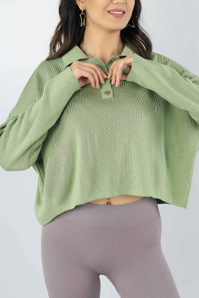 Yeşil Salaş Kesim Bayan Crop Triko Kazak 53496