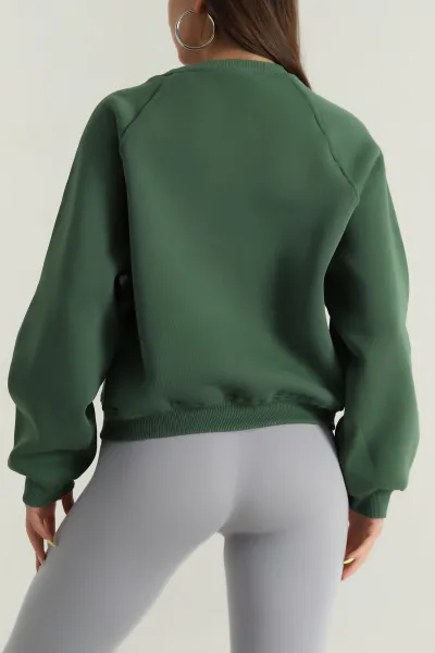 Yeşil Şardonlu Kadın Fermuarsız Sweat 392389