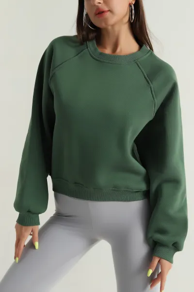 Yeşil Şardonlu Kadın Fermuarsız Sweat 392389