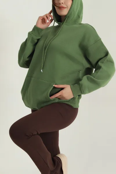 Yeşil Şardonlu Kadın Fermuarsız Sweat 400550