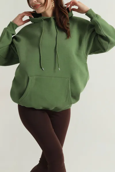 Yeşil Şardonlu Kadın Fermuarsız Sweat 400550
