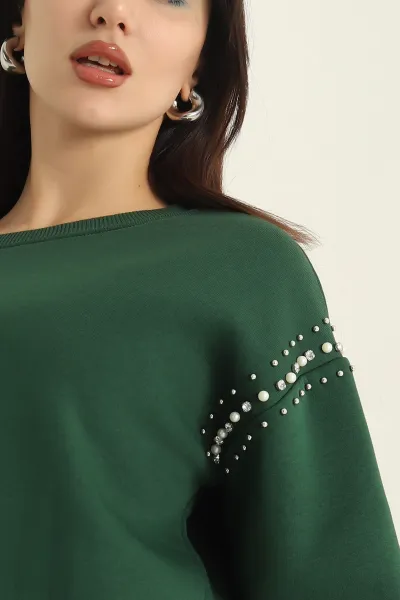 Yeşil Şardonlu Taşlı İki İp Bayan Sweat 326866