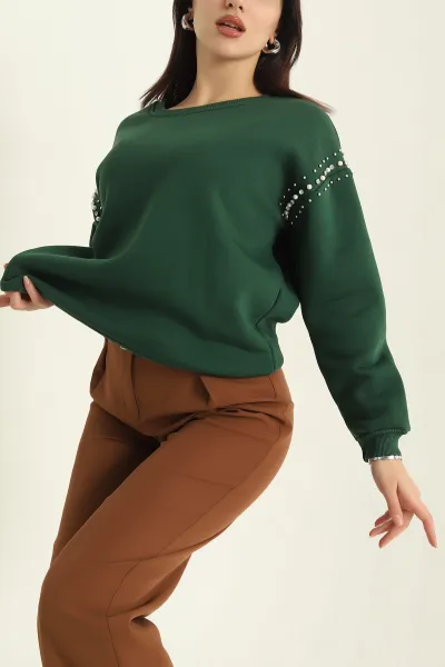 Yeşil Şardonlu Taşlı İki İp Bayan Sweat 326866
