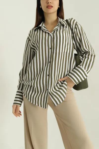 Yeşil Saten Dokuma Geçişli Oversize Gömlek 334916