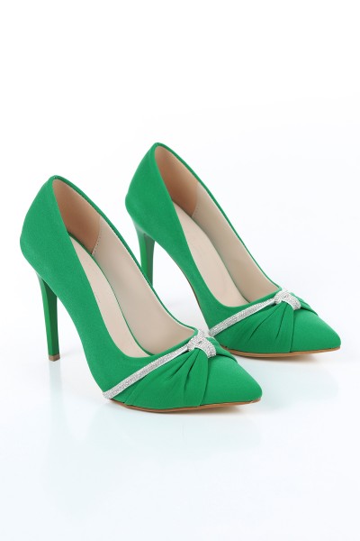 Yeşil Saten Taşlı Topuklu Ayakkabı 155955