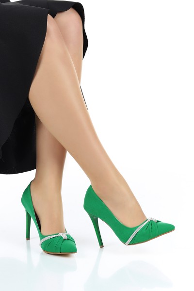 Yeşil Saten Taşlı Topuklu Ayakkabı 155955