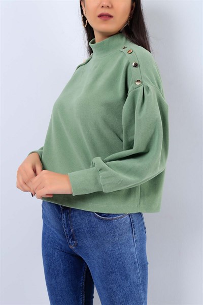 Yeşil Selanik Kumaş Düğme Detay Bluz 21930B