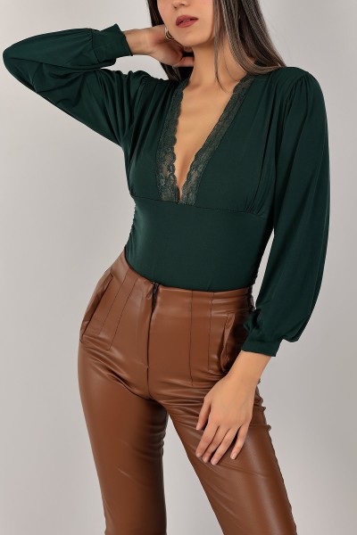 Yeşil Sendy Kumaş Güpürlü Zıbın Bluz 143346