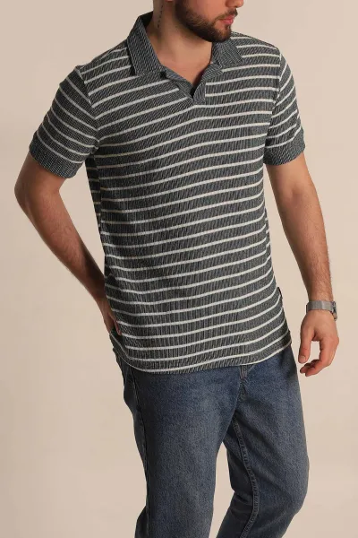 Yeşil Slim Fit Çizgili Polo Yaka Erkek Tişört 276015
