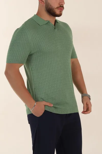 Yeşil Slim Fit Desenli Düğmeli Polo Yaka Erkek Tişört 358317