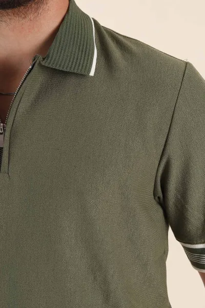 Yeşil Slim Fit Kol Detaylı Fermuarlı Polo Yaka Erkek Triko Tişört 369512
