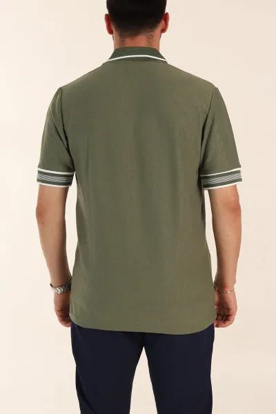 Yeşil Slim Fit Kol Detaylı Fermuarlı Polo Yaka Erkek Triko Tişört 369512