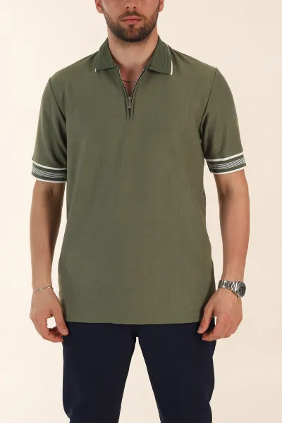 Yeşil Slim Fit Kol Detaylı Fermuarlı Polo Yaka Erkek Triko Tişört 369512