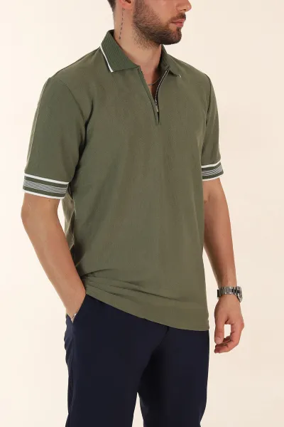 yesil-slim-fit-kol-detayli-fermuarli-polo-yaka-erkek-triko-tisort-369512