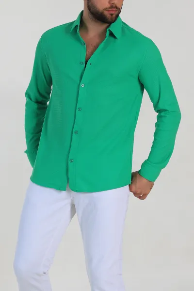 Yeşil Slim Fit Petek Dokulu Uzun Kollu Erkek Gömlek 325212