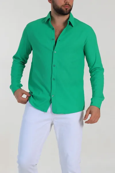 Yeşil Slim Fit Petek Dokulu Uzun Kollu Erkek Gömlek 325212