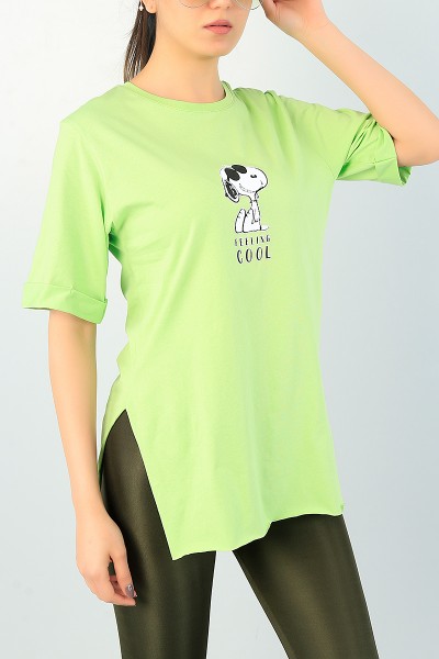 Yeşil Snoopy Baskılı Duble Kol Bayan Tişört 65204