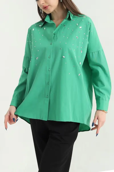 Yeşil Taş Detay Poplin Kadın Gömlek 341605