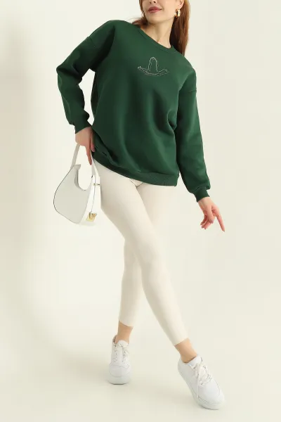 Yeşil Taş İşlemeli Şardonlu Üç İp Sweat 332358