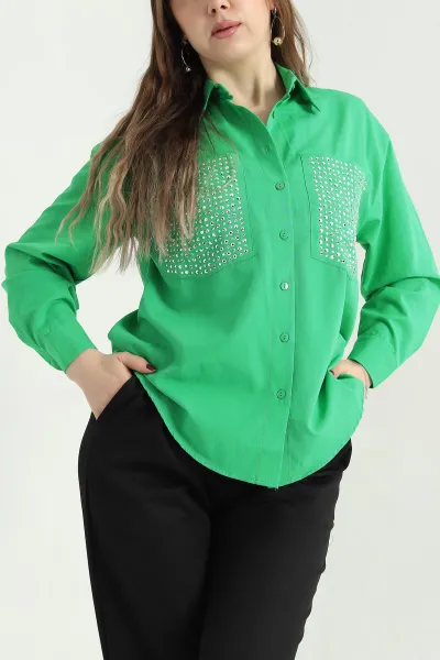 Yeşil Taşlı Çift Cep Poplin Gömlek 341252