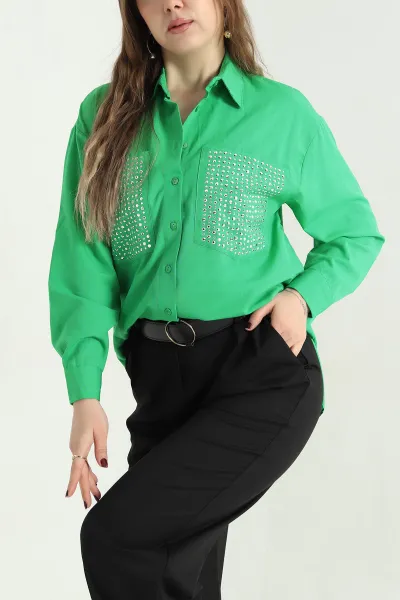 Yeşil Taşlı Çift Cep Poplin Gömlek 341252
