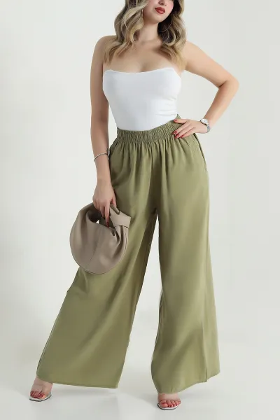Yeşil Tencel Bel Lastikli Kadın Pantolon 481028