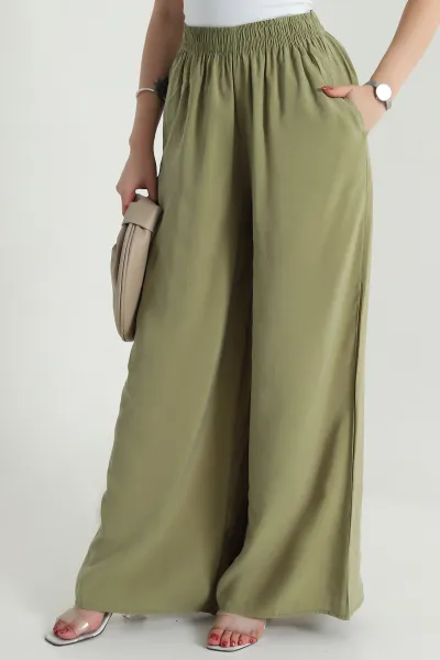Yeşil Tencel Bel Lastikli Kadın Pantolon 481028