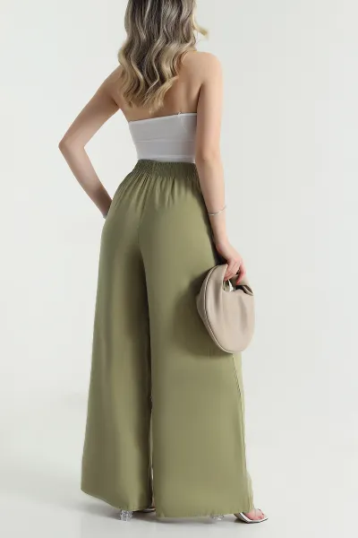 Yeşil Tencel Bel Lastikli Kadın Pantolon 481028