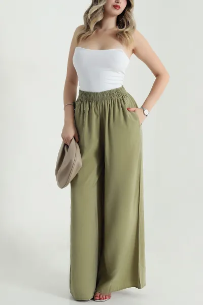 Yeşil Tencel Bel Lastikli Kadın Pantolon 481028
