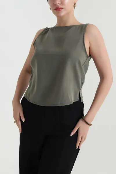 Yeşil Tensel Modal Kolsuz Kadın Bluz 467142