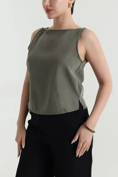 Yeşil Tensel Modal Kolsuz Kadın Bluz 467142