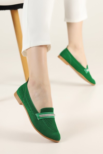 Yeşil Triko Taşlı Babet Ayakkabı 182833