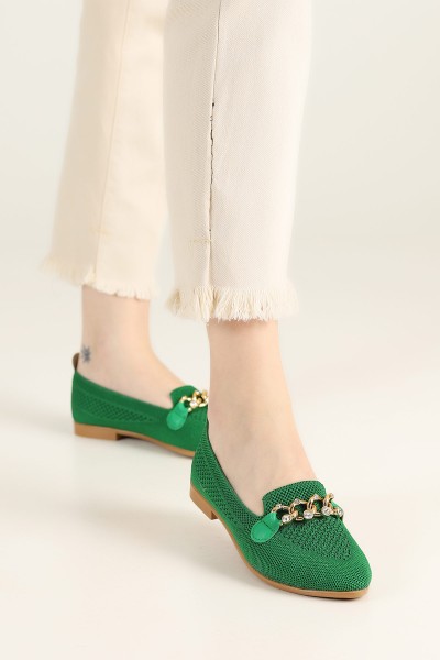 Yeşil Triko Tokalı Taşlı Babet Ayakkabı 184654