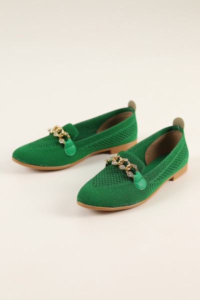 Yeşil Triko Tokalı Taşlı Babet Ayakkabı 184654