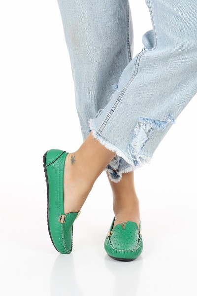 Yeşil V Tokalı Kadın Babet Ayakkabı 120656