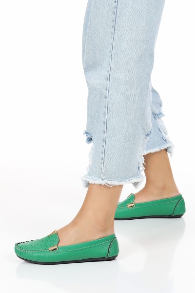 Yeşil V Tokalı Kadın Babet Ayakkabı 120656