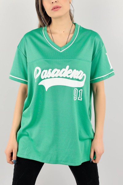 Yeşil V Yaka Baskılı Oversize Tişört 110545