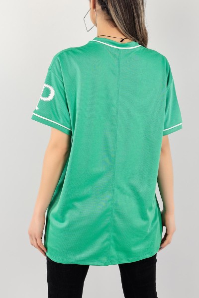 Yeşil V Yaka Baskılı Oversize Tişört 110545