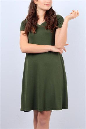 Yeşil V Yaka Cepli Bayan Elbise Modeli 8865B