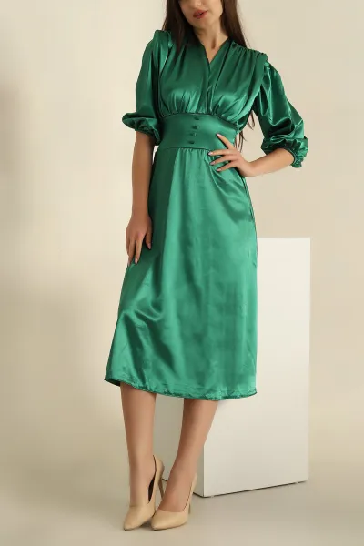 Yeşil Vatkalı Düğmeli Aerobin Saten Elbise 261365
