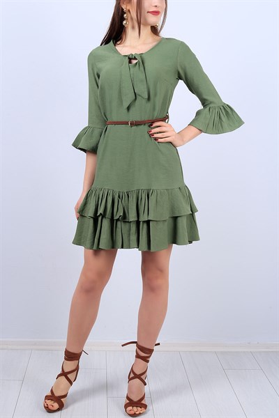 Yeşil Yaka Bağlamalı Fırfırlı Bayan Elbise 11481B