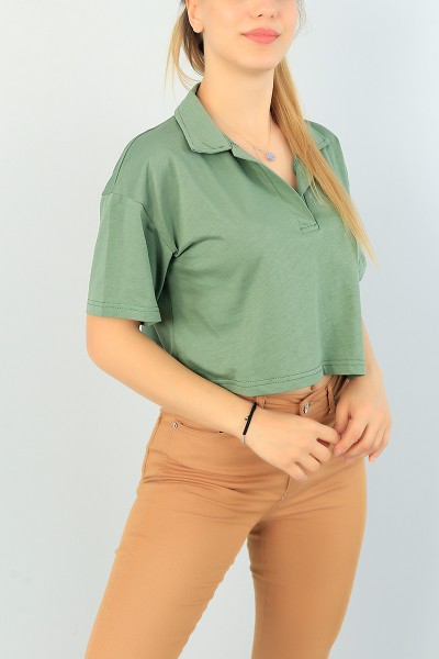 Yeşil Yakalı Bayan Crop Tişört 65964