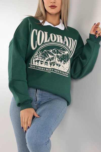 Yeşil Yakalı İçi Şardonlu Bayan Sweat 139524