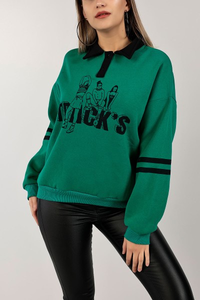 Yeşil Yakalı İçi Şardonlu Bayan Sweat 143457