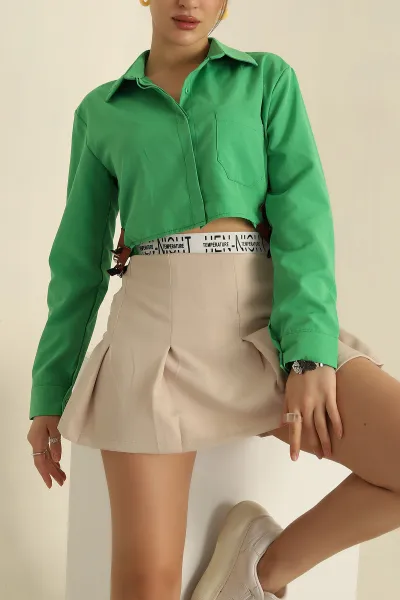 , Yeşil Yanı Kemerli Poplin Bayan Gömlek 257743